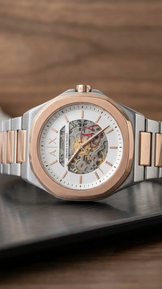 Arman i Exchange Skeleton Square Open Machine Rose Two Tone White Dial 