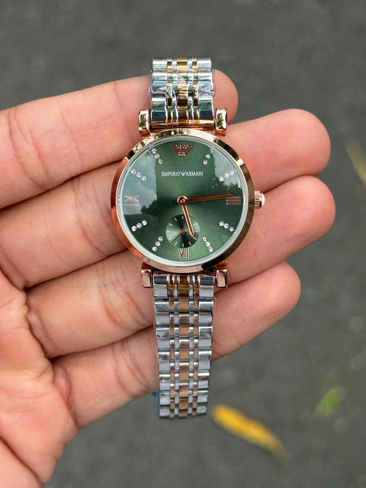 Emporio Arman i Women Two Tone Green Dial Diamond